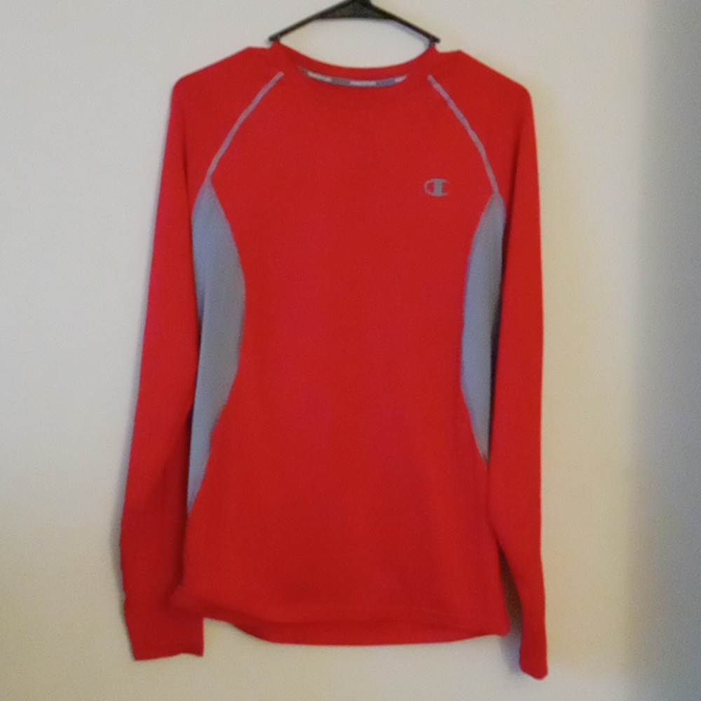 Red/grey Champion long sleeve tshirt (moisture wicking)..size large.